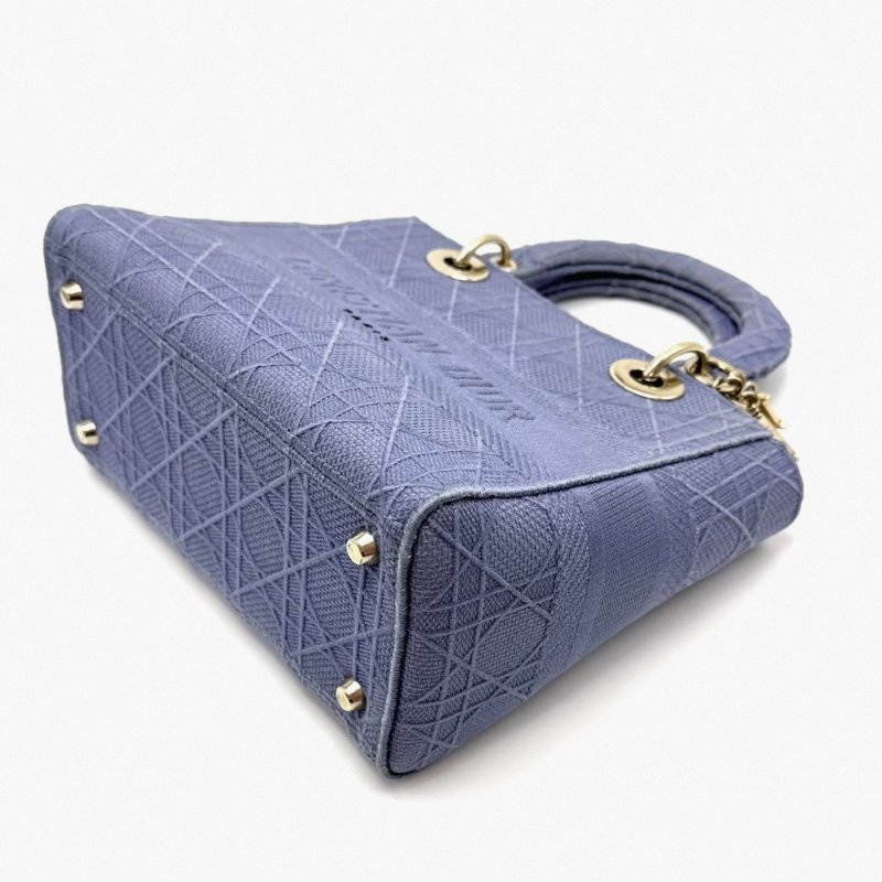DIOR 五格黛妃藍色藤格紋刺繡帆布金扣手提肩背斜背包 24*21*11 98新配件塵袋-1