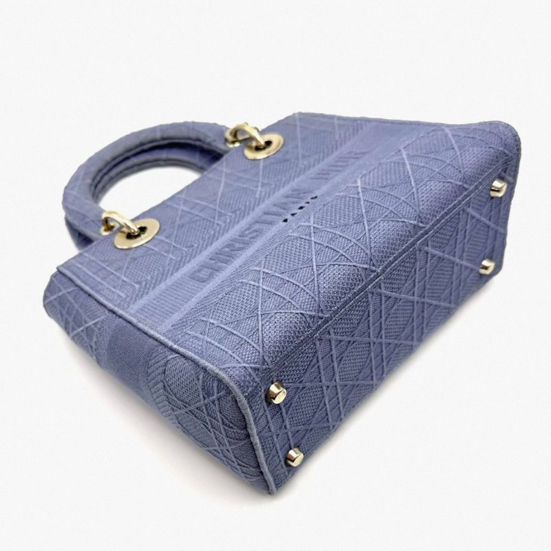 DIOR 五格黛妃藍色藤格紋刺繡帆布金扣手提肩背斜背包 24*21*11 98新配件塵袋-2