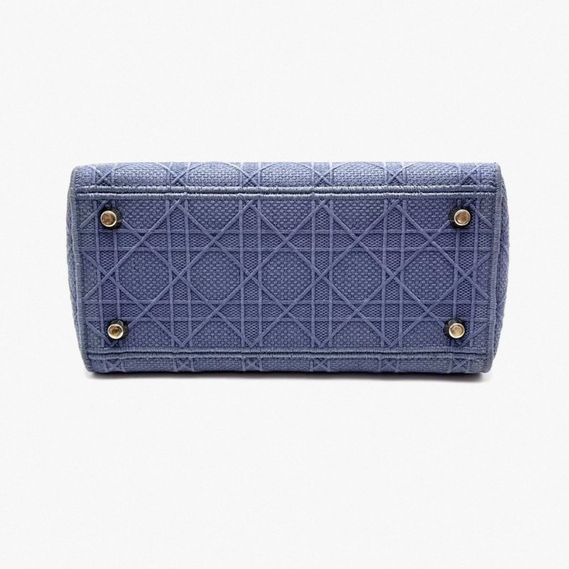 DIOR 五格黛妃藍色藤格紋刺繡帆布金扣手提肩背斜背包 24*21*11 98新配件塵袋-3