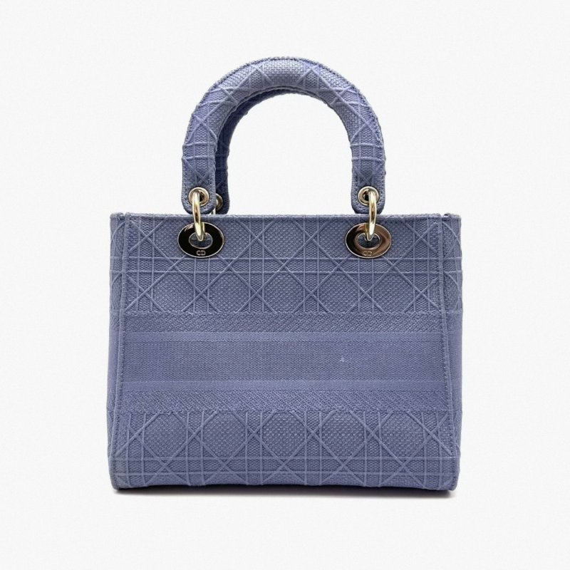 DIOR 五格黛妃藍色藤格紋刺繡帆布金扣手提肩背斜背包 24*21*11 98新配件塵袋-4