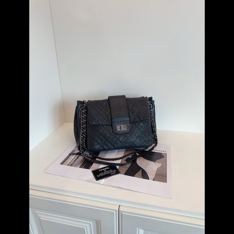 Chanel 香奈兒 2.55 黑銀 荔枝紋牛皮機場 鏈條肩背包-0