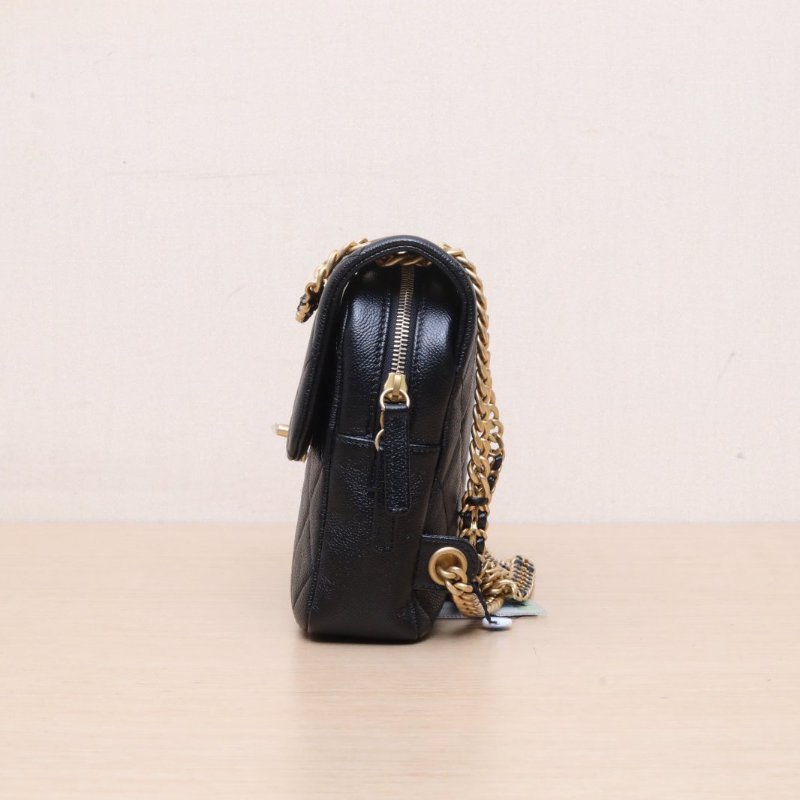 CHANEL 22P菱格紋復古口蓋拉鏈雙肩包黑色荔枝牛皮晶片開金扣肩背包-4