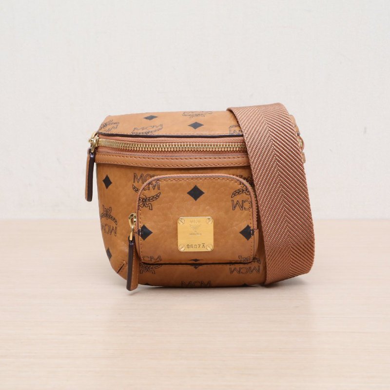 MCM 幹邑色牛皮金扣VisetosKlassik迷你腰包斜挎包肩背包-0