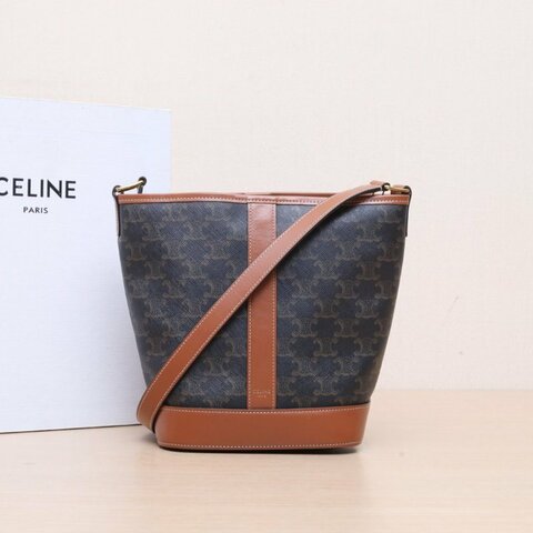 CELINE Triomphe凱旋門標誌印花Canvas水桶包小號18老花PVC金扣肩背包