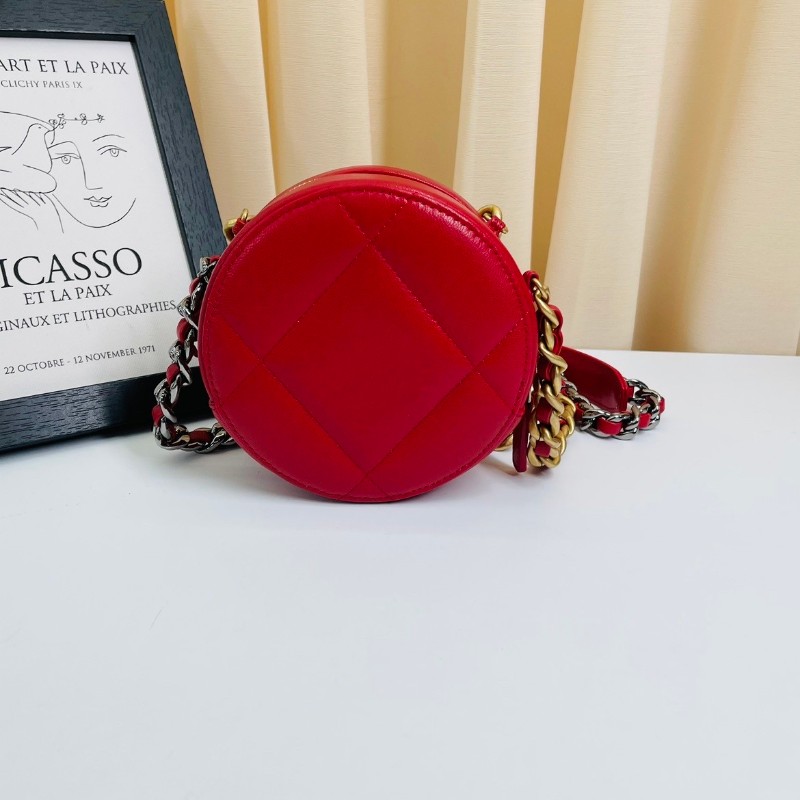 CHANEL 紅色 鴛鴦鏈條菱格紋拉鍊開合 小羊皮 圓餅包-1