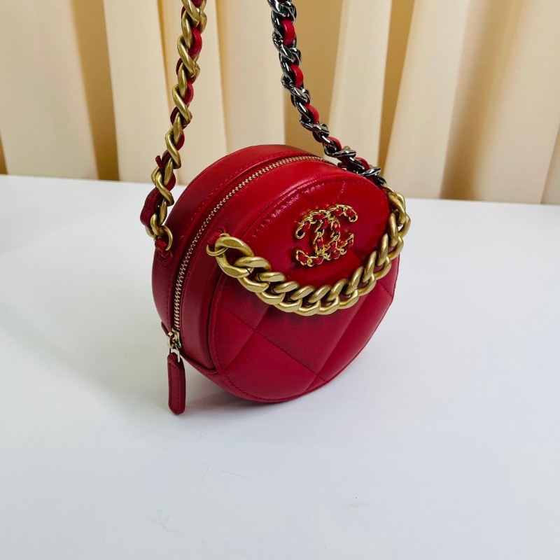 CHANEL 紅色 鴛鴦鏈條菱格紋拉鍊開合 小羊皮 圓餅包-2