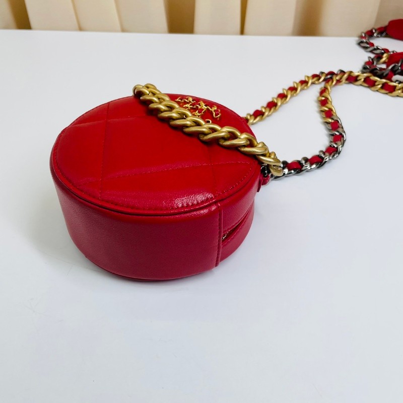 CHANEL 紅色 鴛鴦鏈條菱格紋拉鍊開合 小羊皮 圓餅包-3