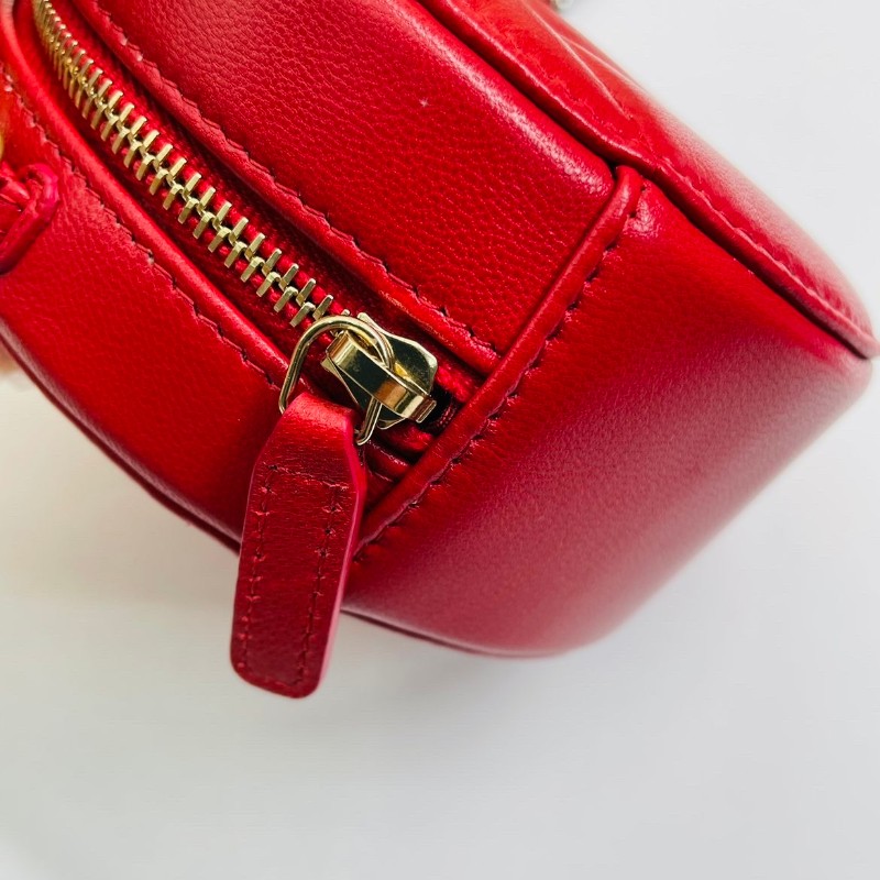 CHANEL 紅色 鴛鴦鏈條菱格紋拉鍊開合 小羊皮 圓餅包-7