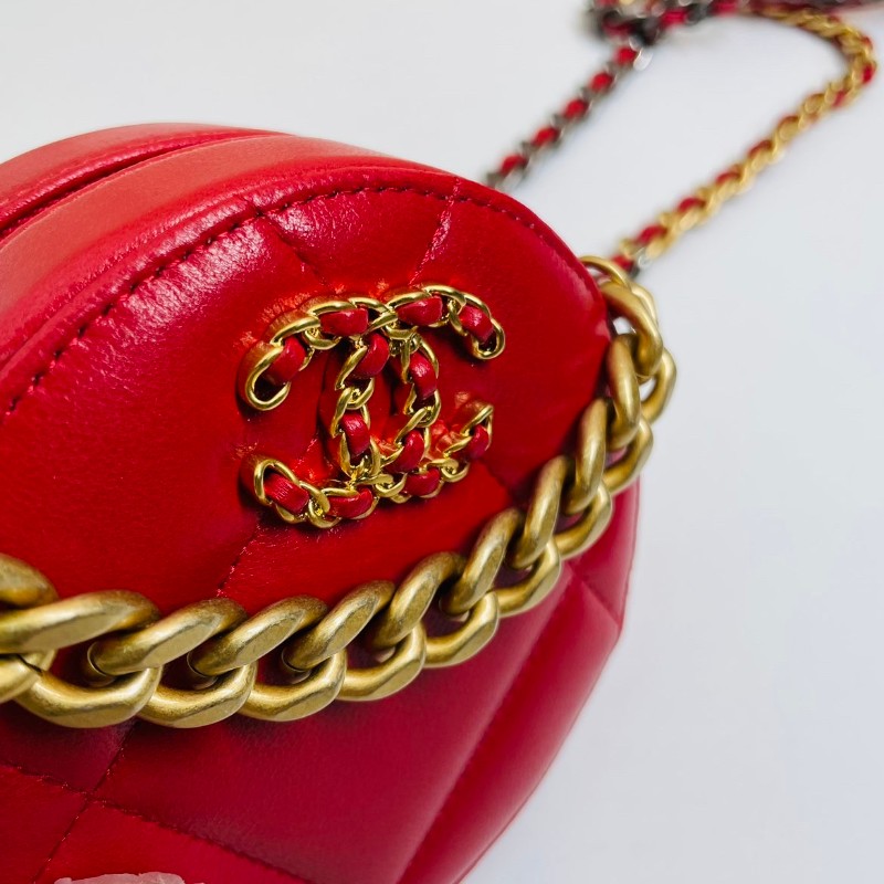 CHANEL 紅色 鴛鴦鏈條菱格紋拉鍊開合 小羊皮 圓餅包-8