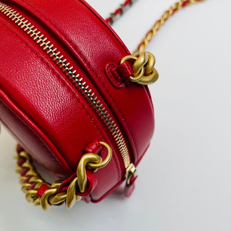 CHANEL 紅色 鴛鴦鏈條菱格紋拉鍊開合 小羊皮 圓餅包-10