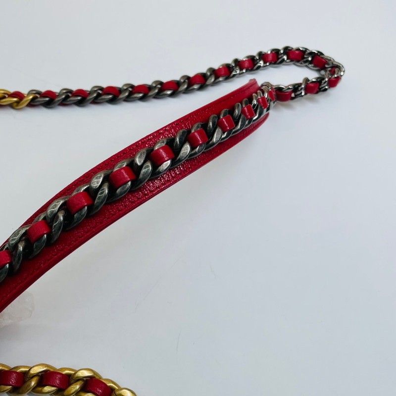 CHANEL 紅色 鴛鴦鏈條菱格紋拉鍊開合 小羊皮 圓餅包-11