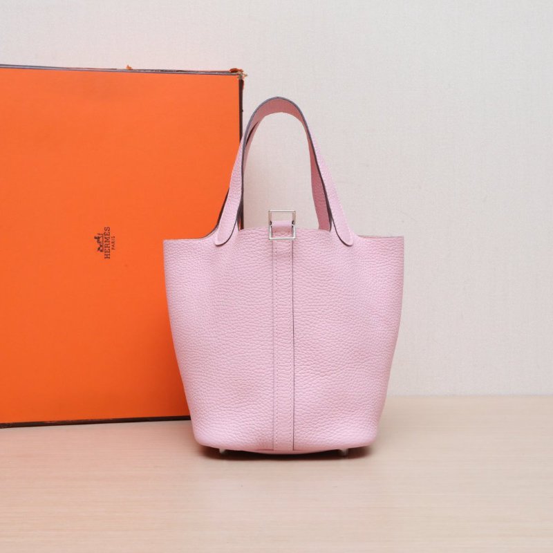 HERMES Picotin18菜籃子3Q新櫻花粉TC皮B刻銀扣肩背包-0