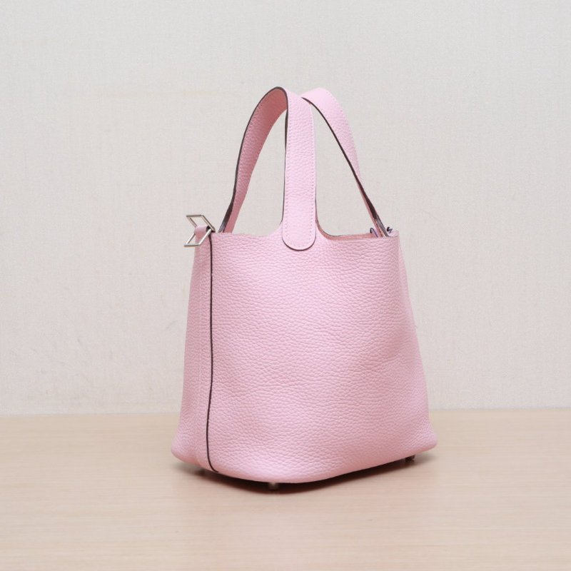 HERMES Picotin18菜籃子3Q新櫻花粉TC皮B刻銀扣肩背包-3