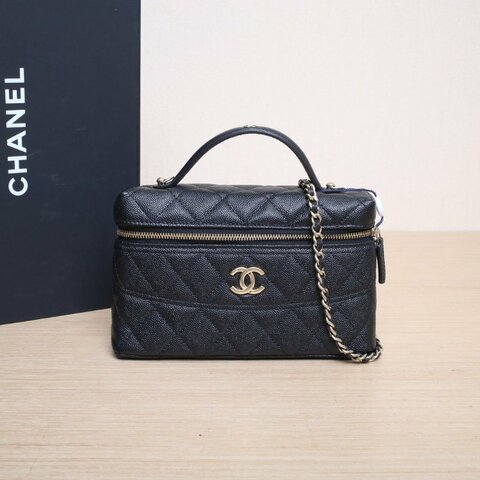 CHANEL 25CLp盒子包黑色荔枝牛皮鐳射標淺金扣單皮穿鏈拼皮肩帶皮手柄肩背包