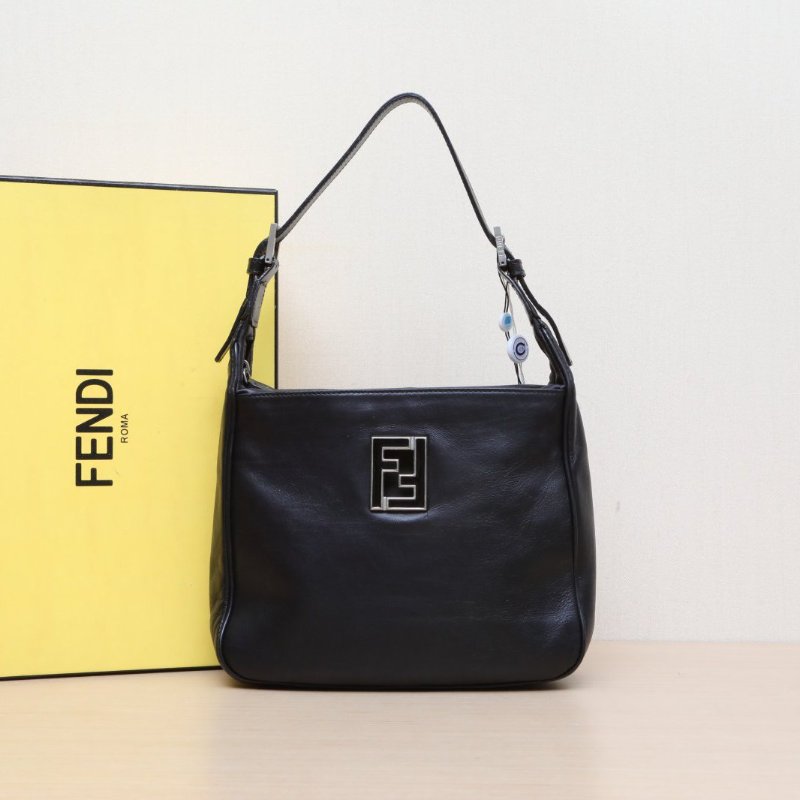 FENDI 黑色牛皮琺瑯扣fendi中古單肩包斜挎包肩背包-0