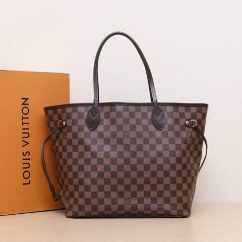 LOUIS VUITTON Neverfull中號31配子袋棕色棋盤格PVC金扣2015肩背包