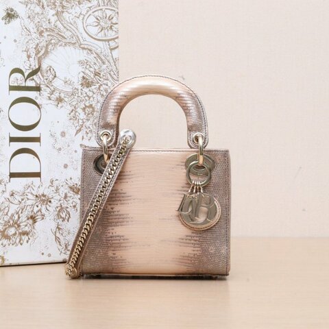 DIOR Lady戴妃包三格玫瑰金蜥蜴皮淺金扣2022肩背包