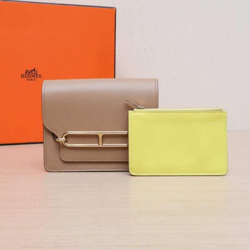 HERMES Roulis豬鼻子Slim腰包9R檸檬黃拼0M瑪薩拉茶色EC皮U刻金扣肩背包-0