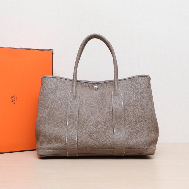 HERMES GardenParty花園包3618大象灰NEGONA皮A刻銀扣肩背包-0