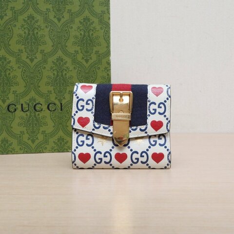 GUCCI 拼色牛皮紅藍編織愛心GGlogo金屬搭扣三折錢包白色肩背包
