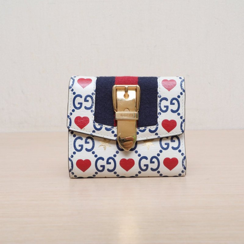 GUCCI 拼色牛皮紅藍編織愛心GGlogo金屬搭扣三折錢包白色肩背包-1