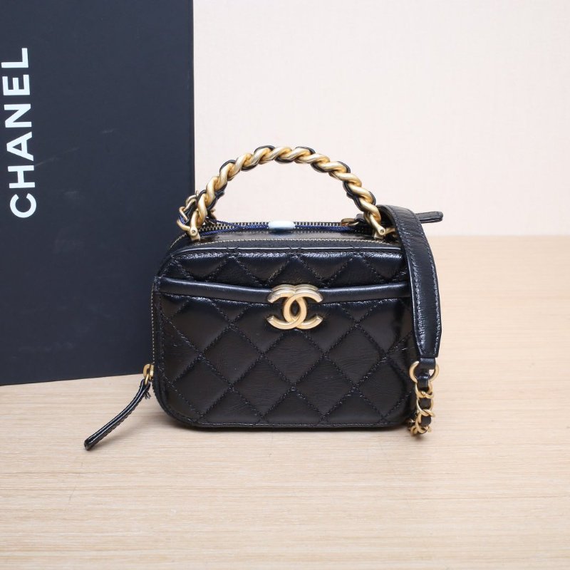 CHANEL 22S手柄相機包黑色牛皮30開金扣雙皮穿拼金屬字母手柄肩背包-0