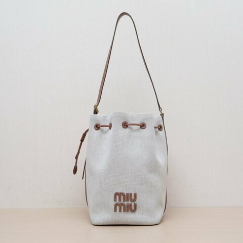 MIU MIU 棕色帆布金扣24SS秀款可調節抽繩水桶中號肩背包