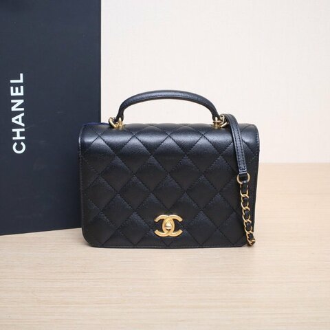 CHANEL 23B口蓋風琴包21黑色荔枝牛皮晶片開金扣金屬皮牌皮手柄肩背包