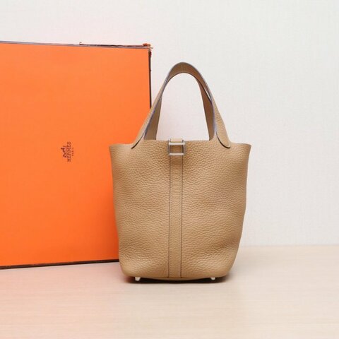 HERMES Picotin菜籃子184B新餅乾色TC皮W刻銀扣肩背包