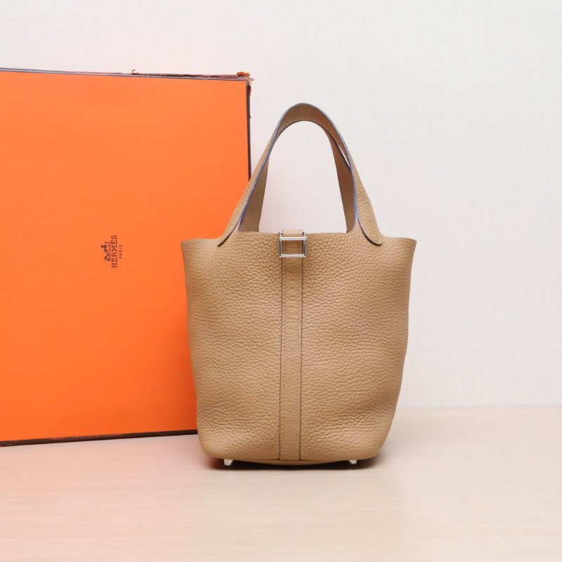 HERMES Picotin菜籃子184B新餅乾色TC皮W刻銀扣肩背包-0