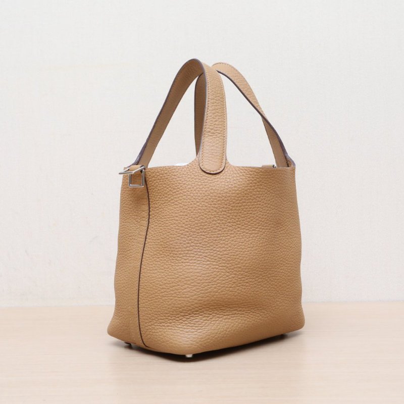 HERMES Picotin菜籃子184B新餅乾色TC皮W刻銀扣肩背包-3