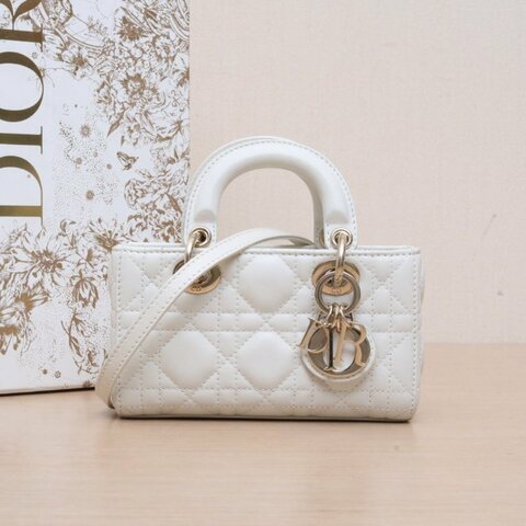 DIOR LadyD-Joy橫版戴妃包超迷你16白色羊皮淺金扣2023肩背包