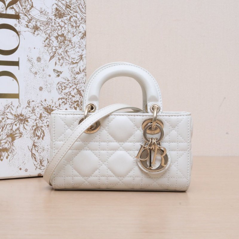 DIOR LadyD-Joy橫版戴妃包超迷你16白色羊皮淺金扣2023肩背包-0
