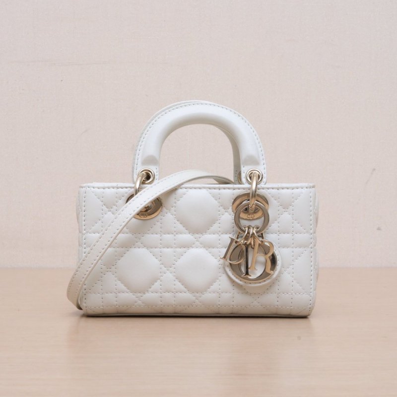 DIOR LadyD-Joy橫版戴妃包超迷你16白色羊皮淺金扣2023肩背包-1