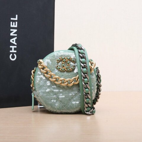 CHANEL 19BAG小圓餅包綠色牛皮/珠片30開金銀扣肩背包