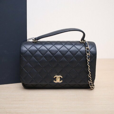 CHANEL 黑色羊皮25開金扣CF季節款風琴手提郵差包小號肩背包