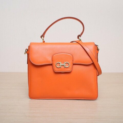 Salvatore Ferragamo 橘色牛皮馬蹄單肩斜挎包肩背包