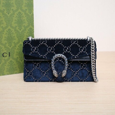 GUCCI Dionysus酒神小號25墨藍色天鵝絨鑽扣肩背包