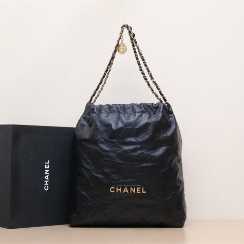 CHANEL 22BagTote托特包大號37黑色牛皮晶片開金扣肩背包