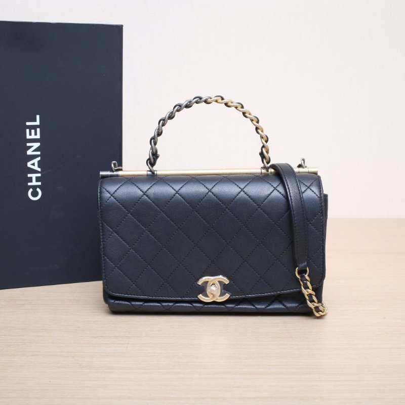 CHANEL 20S手柄口蓋包23黑色羊皮29開金銀扣金屬皮穿手柄肩背包-0