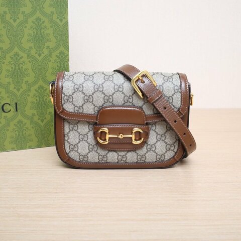 GUCCI Horsebit馬銜扣1955馬鞍包Mini20.5可拆卸雙肩帶烏木色PVC金扣帆布肩背包