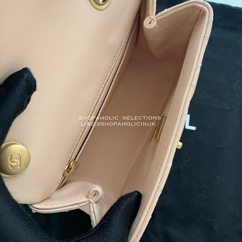 Chanel山茶花復古金調節鏈淺膚色羊皮方胖AS4040-8