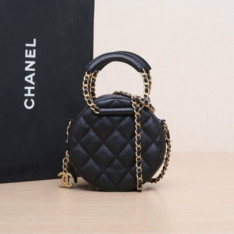 CHANEL 黑色荔枝牛皮29開金扣CHANEL手提圓餅鏈條包肩背包