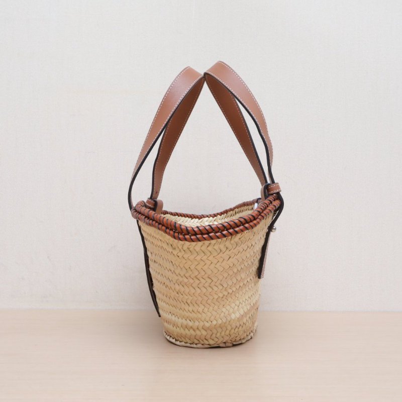 LOEWE 棕色草編羅意威皮標LOGO包肩背包-4