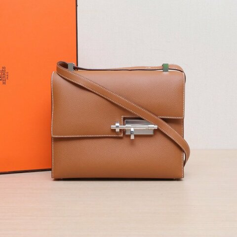 HERMES Verrou手槍包2337金棕色Epsom皮D刻銀扣肩背包