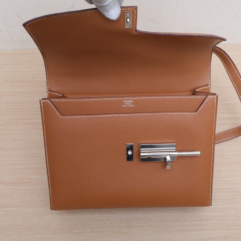 HERMES Verrou手槍包2337金棕色Epsom皮D刻銀扣肩背包-2