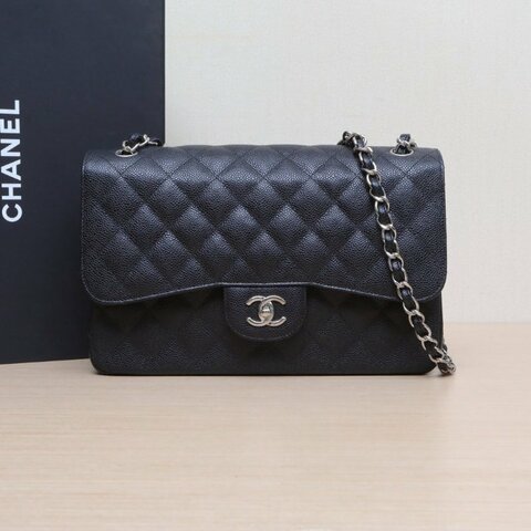 CHANEL CF口蓋包JUMBO30黑色荔枝牛皮21開銀扣肩背包