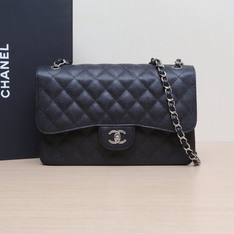 CHANEL CF口蓋包JUMBO30黑色荔枝牛皮21開銀扣肩背包-0