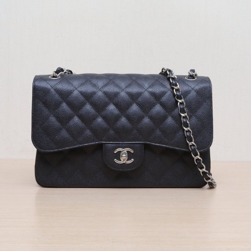 CHANEL CF口蓋包JUMBO30黑色荔枝牛皮21開銀扣肩背包-1