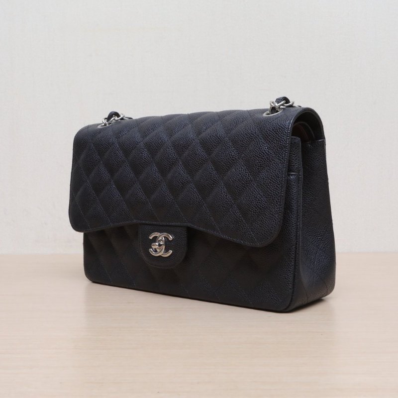 CHANEL CF口蓋包JUMBO30黑色荔枝牛皮21開銀扣肩背包-4